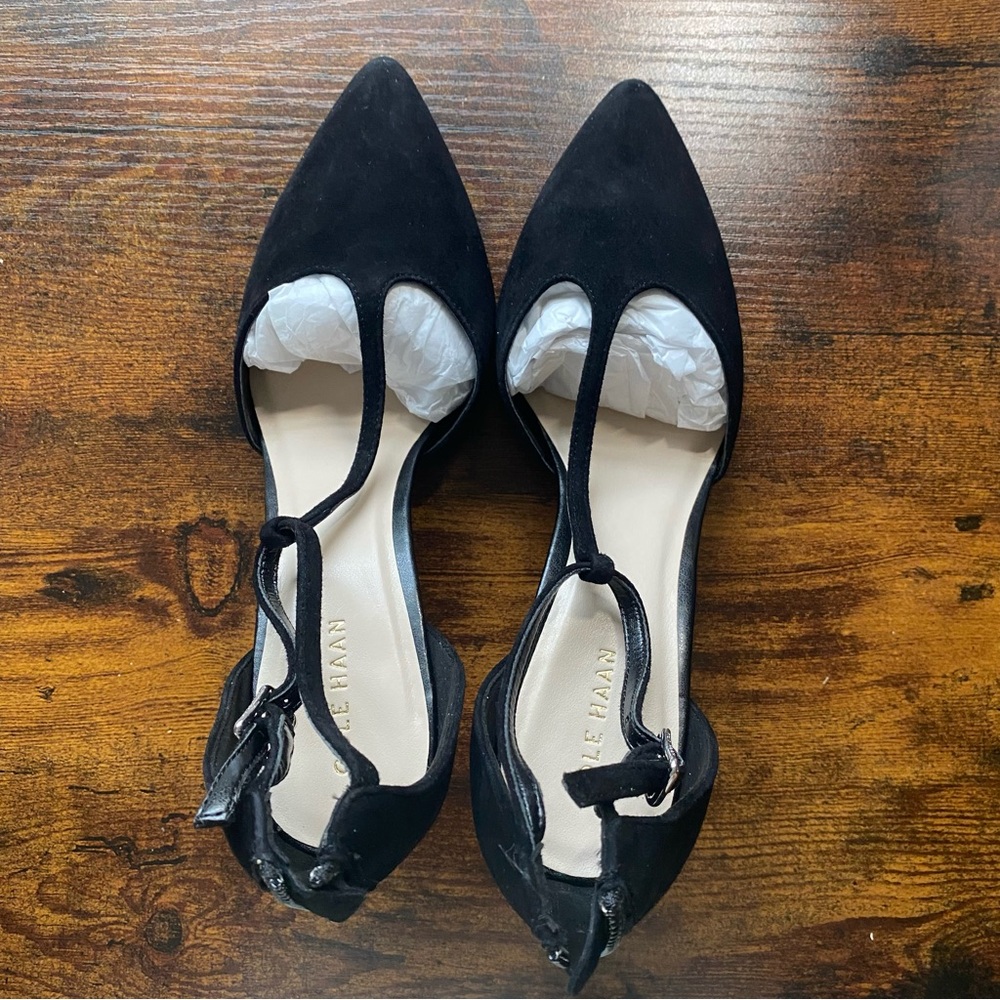 Cole Haan Black Suede Heels with Chic Ankle Straps